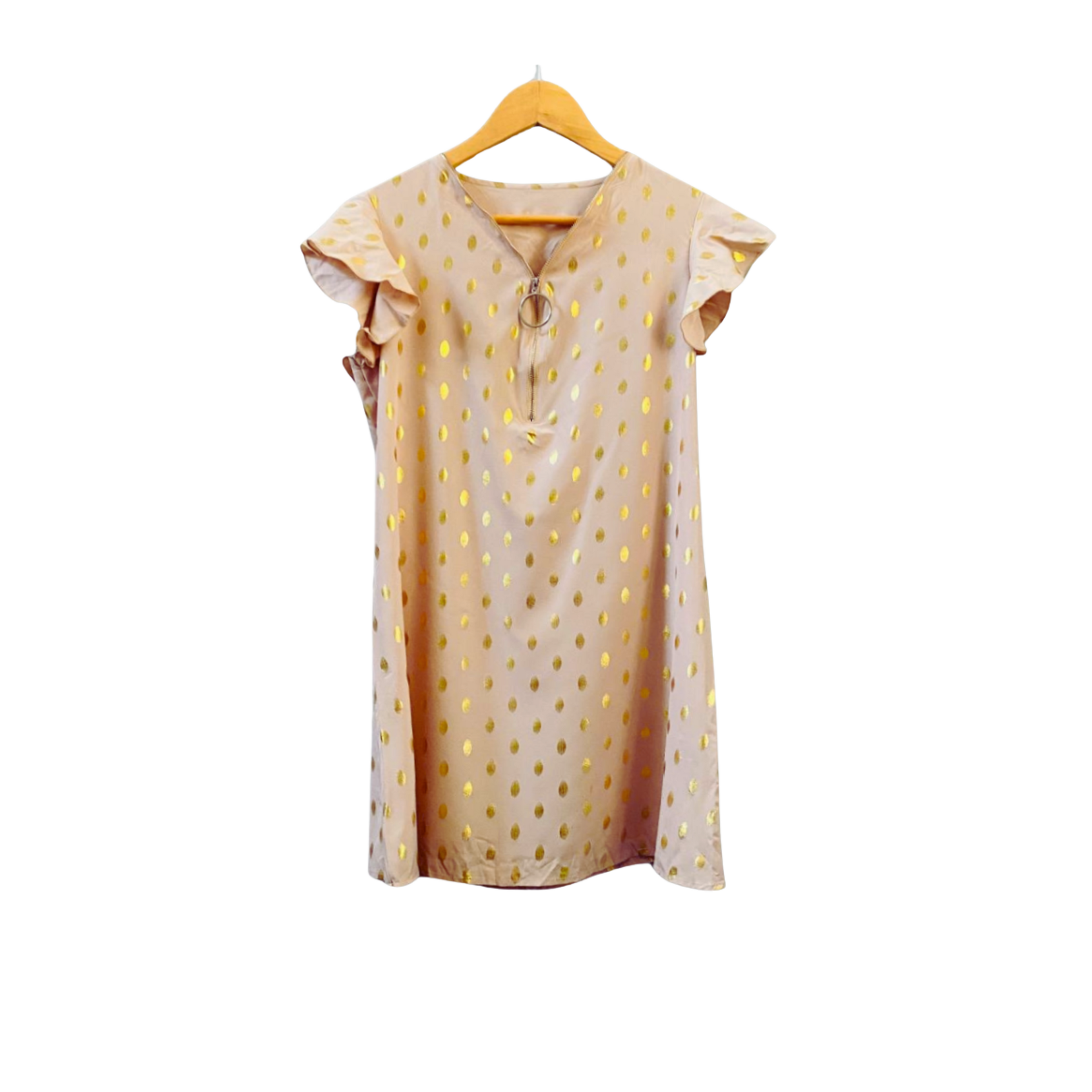 Gold-Dot Print Ruffle Trim Dress