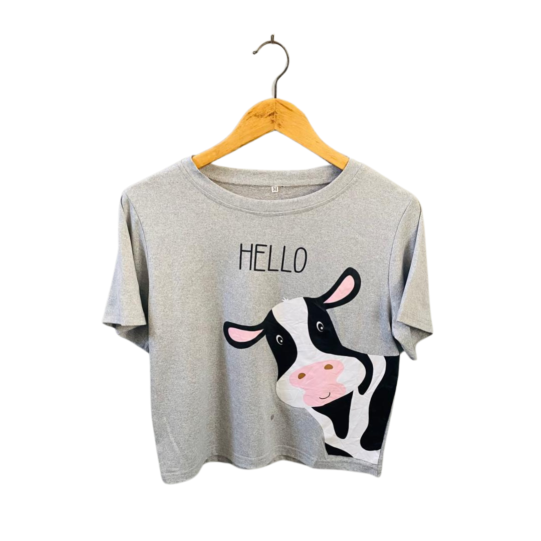 Hello Mow |Printed Cow with Grey Top|