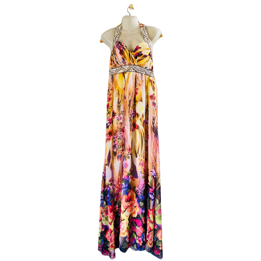 Fancy Floral Beaded Long Prompt Dress for Women