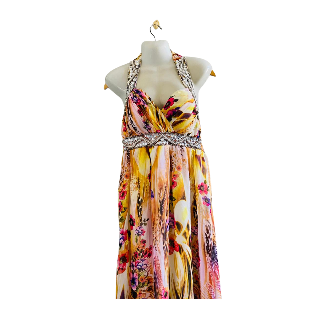 Fancy Floral Beaded Long Prompt Dress for Women