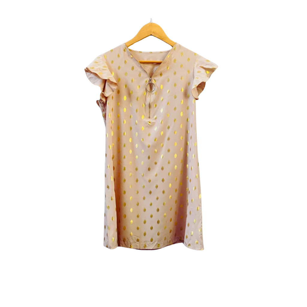 Gold-Dot Print Ruffle Trim Dress