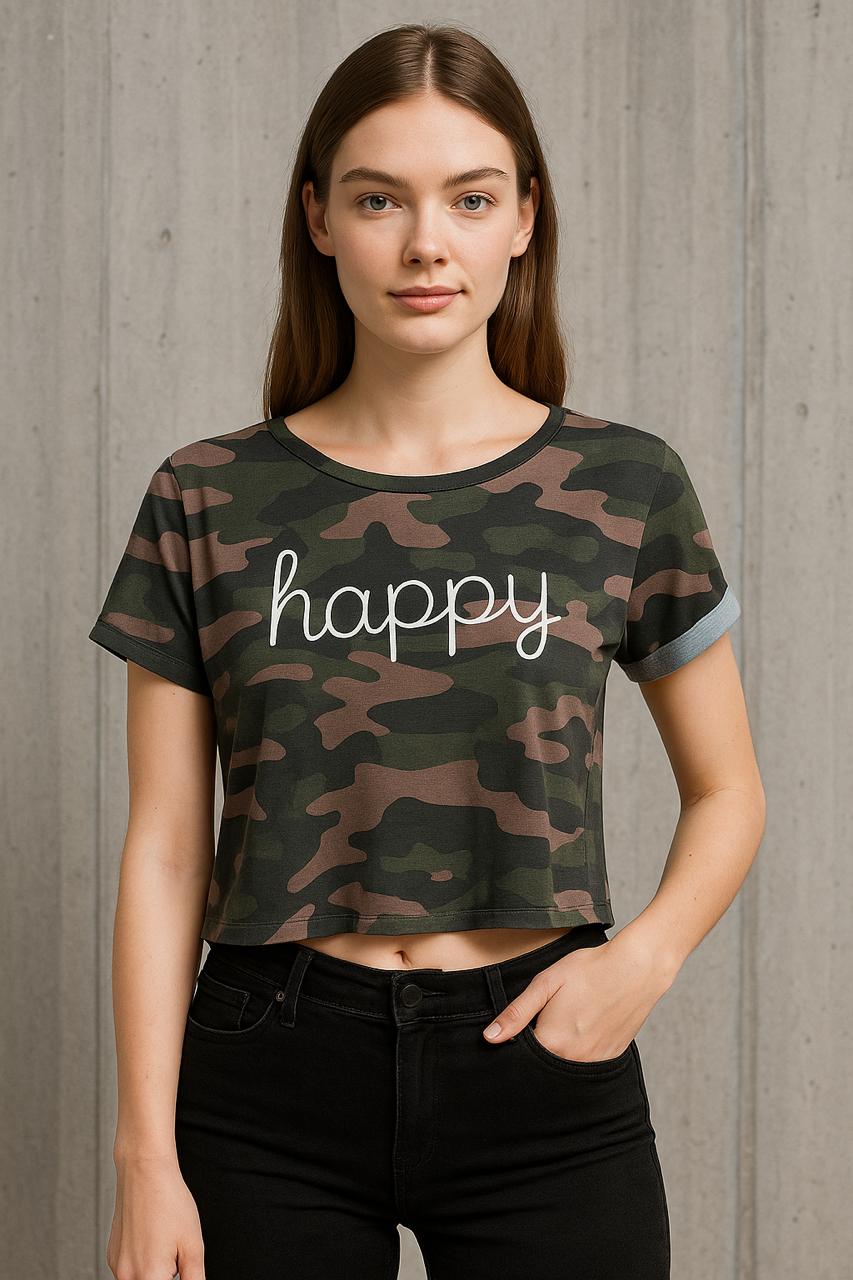 Happy Camouflage Down Shoulder Top for Women