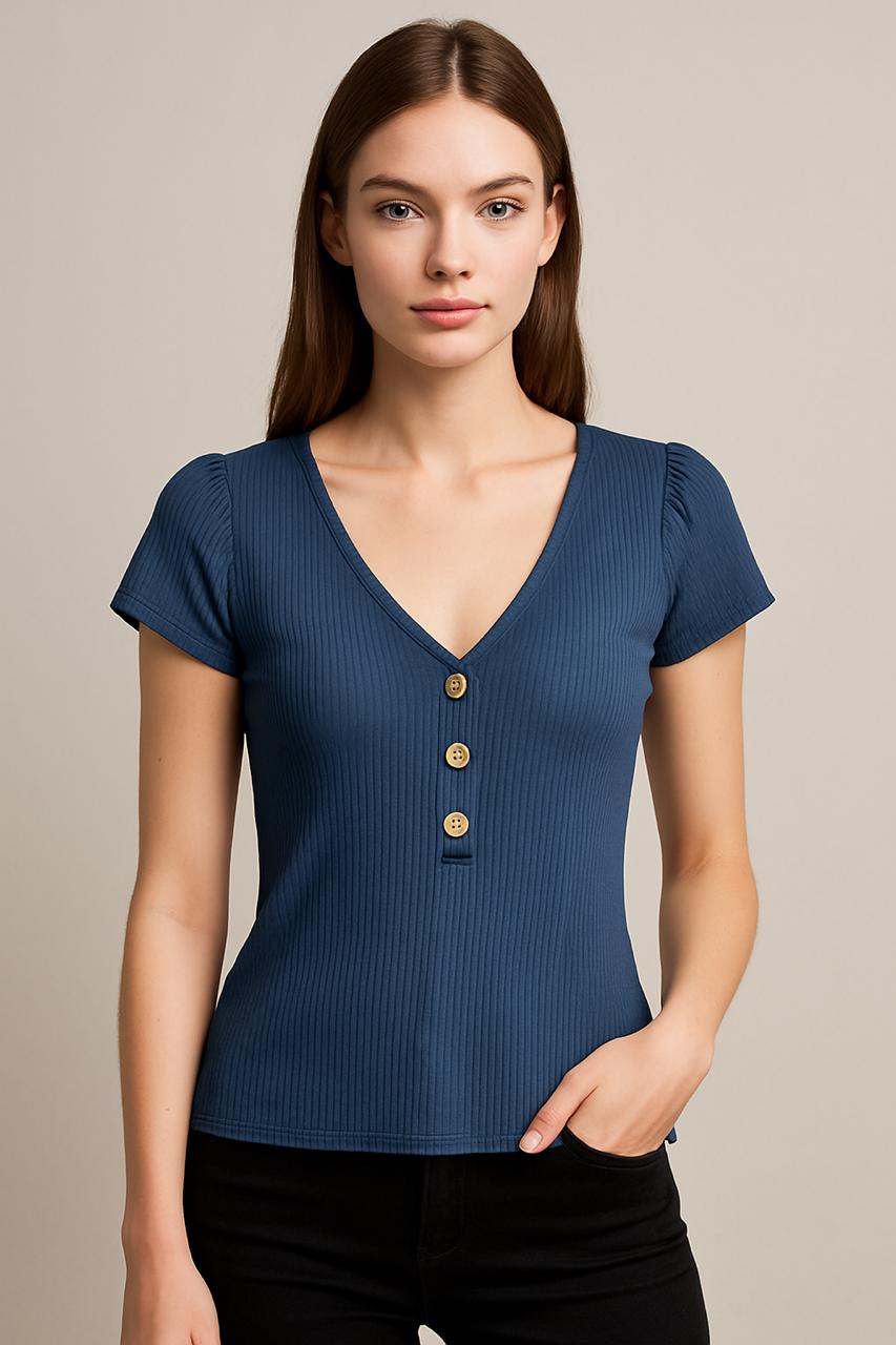 Navy-Blue Front Rib Knitted